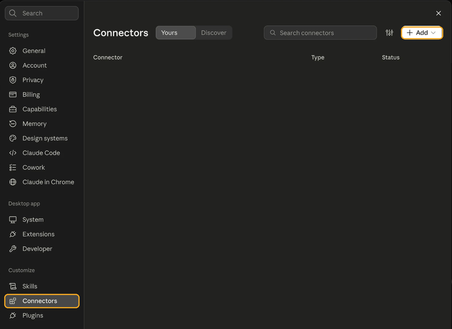 Раздел Connectors в настройках Claude Desktop